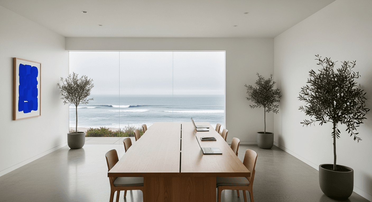 Wide-angle clean office interior, raw oak table, cobalt accent wall, white drapes, potted cobalt trees, golden daylight, editorial architecture, 24mm