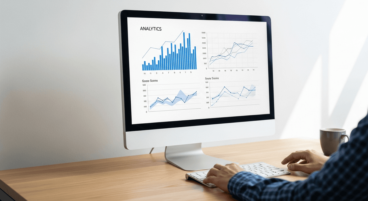 Monitor on sand-toned oak desk showing white analytics charts with cobalt data lines, editorial 35mm