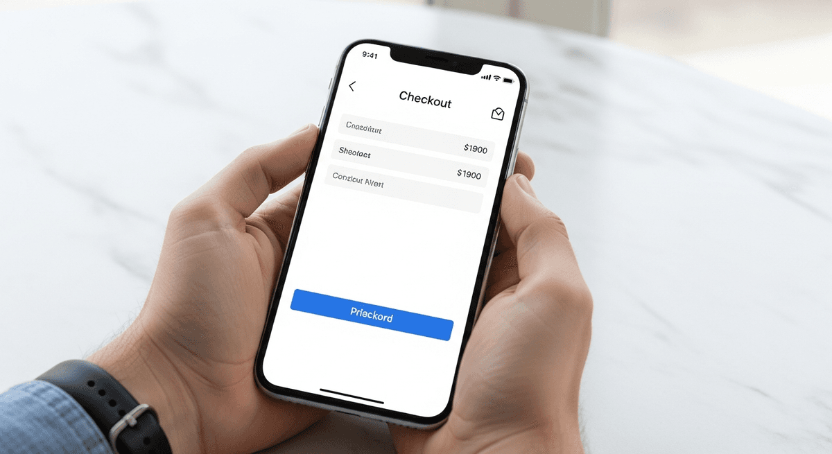 Warm close-up of phone showing white checkout with cobalt button, oak table, cool daylight, 50mm