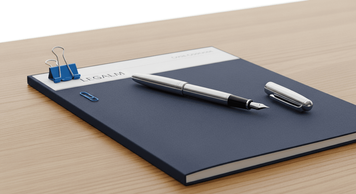 Legal folder and fountain pen on sand-toned oak desk, cobalt paper clip, clean lamp light, 50mm