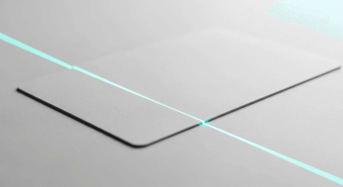 Macro of white card on oak with clean cool cyan beam, soft light, 100mm macro