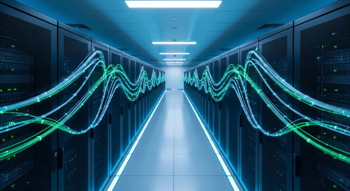 Warm photo of fiber optic cables in a sun-lit data center with cool cyan LED, 35mm