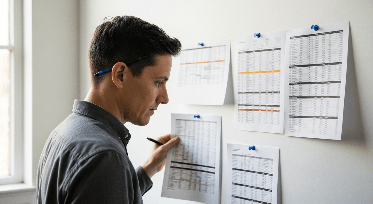 Founder reviewing spreadsheets on white wall with cobalt pushpins, cool daylight, 35mm
