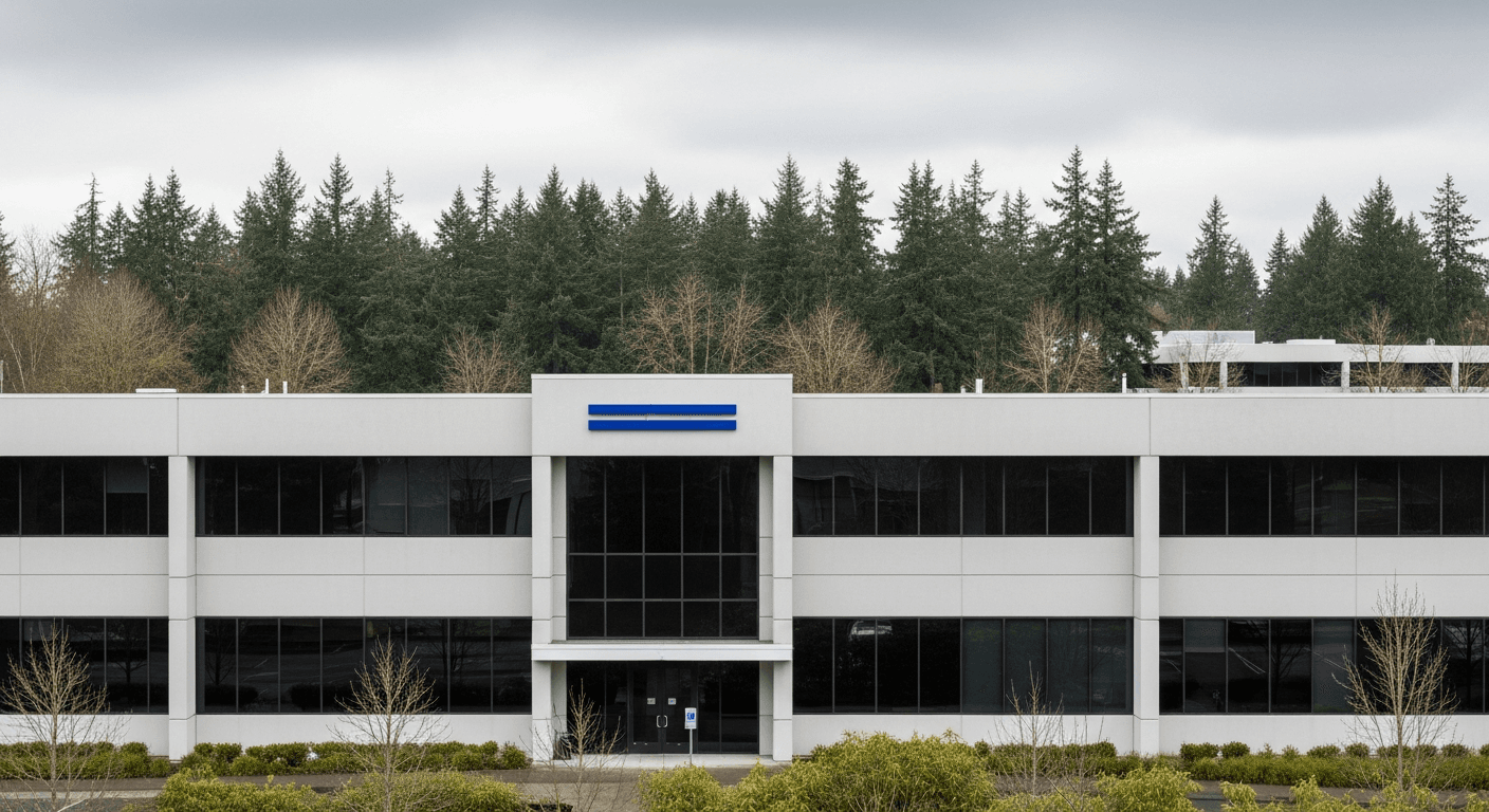 Warm exterior shot of modern office building at cool daylight, earth-toned brick and white plaster, cobalt signage, clear sky, editorial architecture 35mm