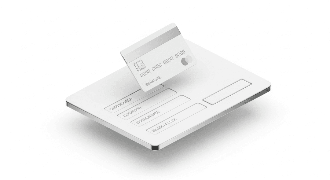 3D isometric floating checkout interface with credit card, monochrome white/gray matte, soft shadows, professional