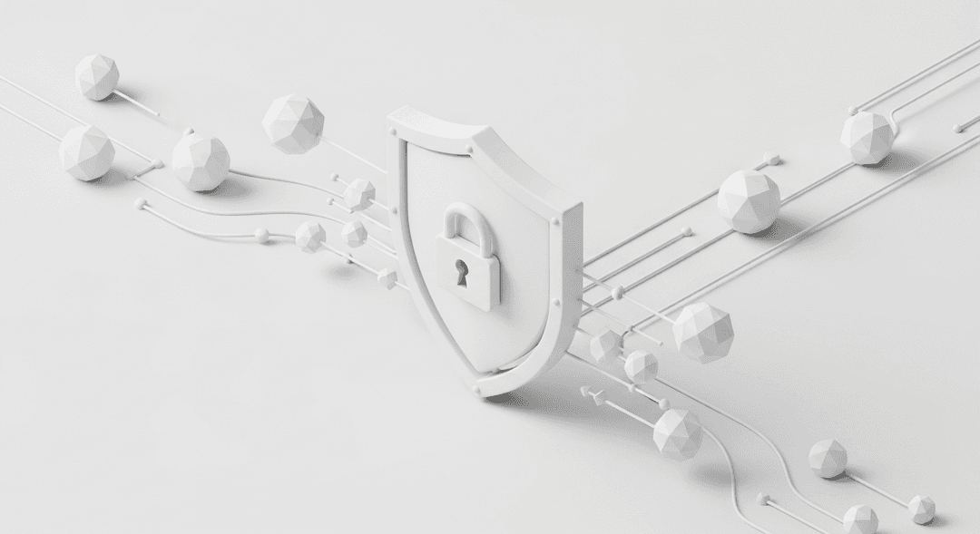 3D isometric shield with lock icon protecting payment data flow, monochrome white/gray matte, ambient occlusion, professional