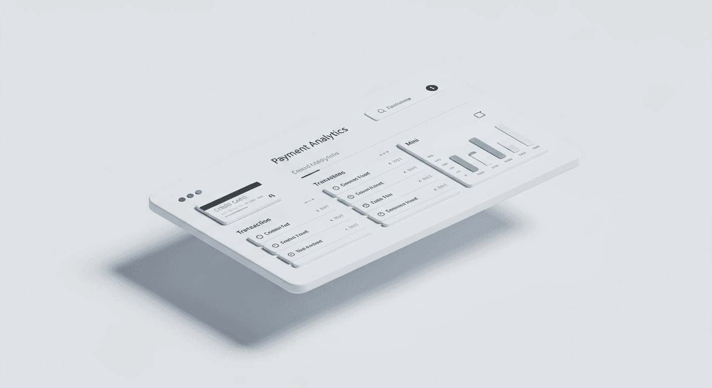 3D isometric render of a minimal payment dashboard floating in space, monochrome white and light gray matte materials, soft ambient occlusion, credit card elements, transaction list, chart, pure white background, professional 3D visualization