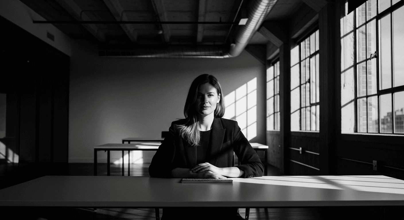 Black and white editorial photograph of confident founder at minimalist white desk, dramatic side lighting, fashion magazine, Hasselblad medium format, high contrast, sharp