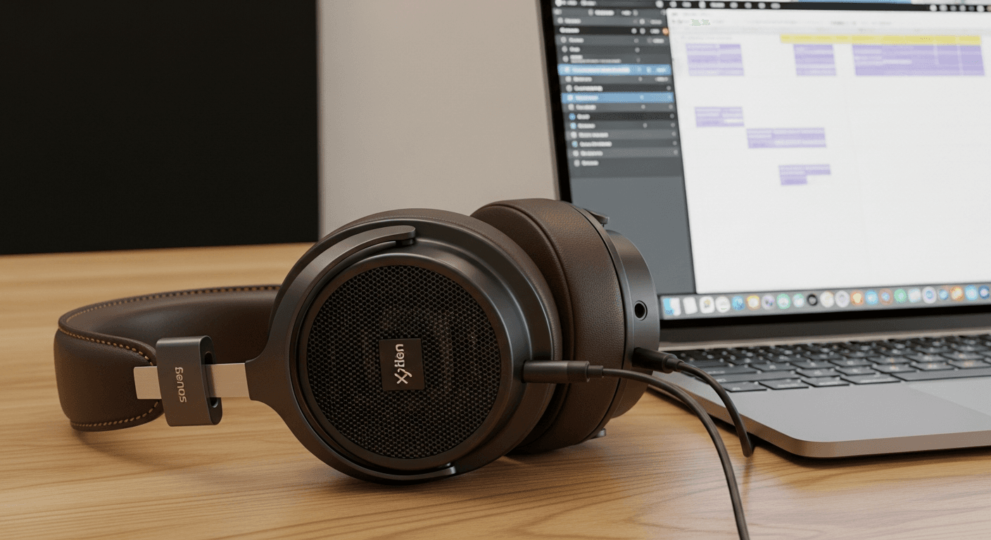 Headphones and laptop on sand-toned oak desk, cool cyan strip light, clean editorial, 35mm