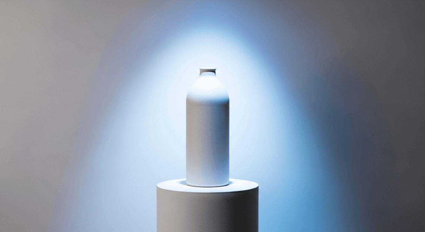 Premium ceramic bottle on oak pedestal, clean cool cyan spotlight, white background, 50mm