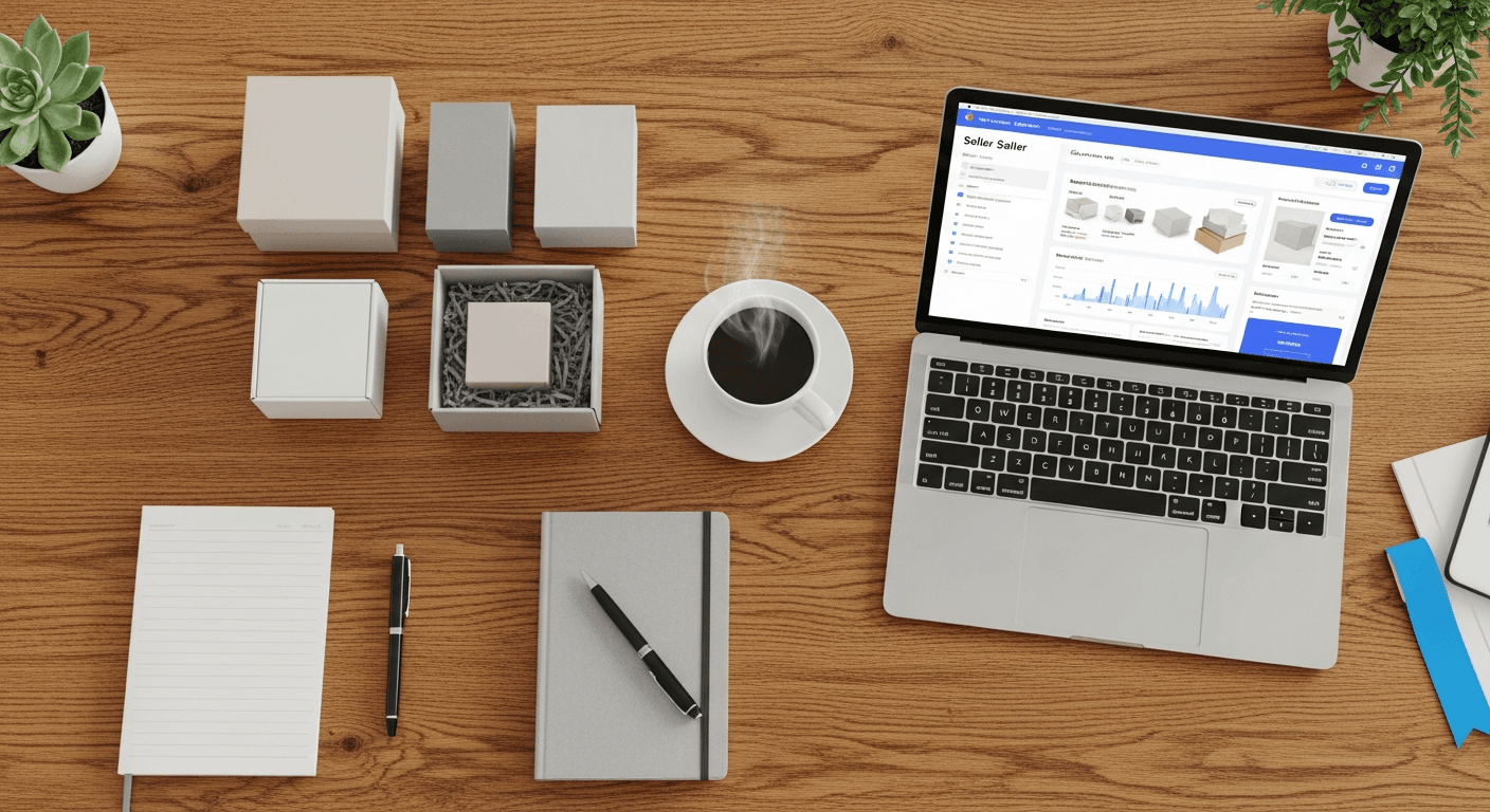 Warm overhead flat-lay of marketplace desk with product boxes, oak surface, cobalt bookmark, 35mm