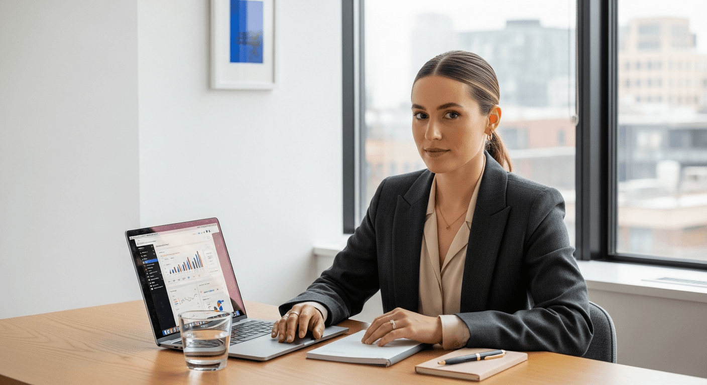 Warm editorial portrait of female SaaS founder at sand-toned oak desk, cobalt wall, cool daylight, 35mm