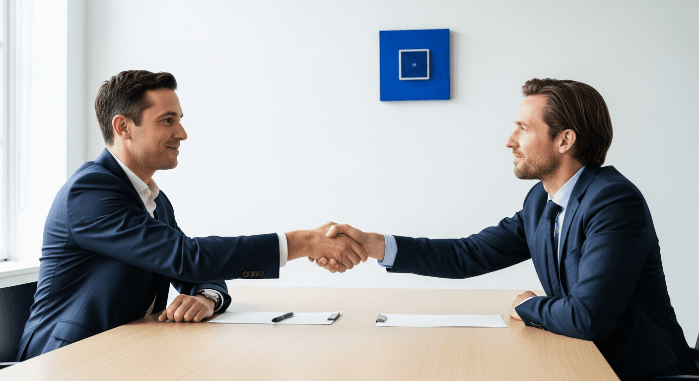 Two professionals shaking hands over oak table, cobalt wall, clean light, 35mm