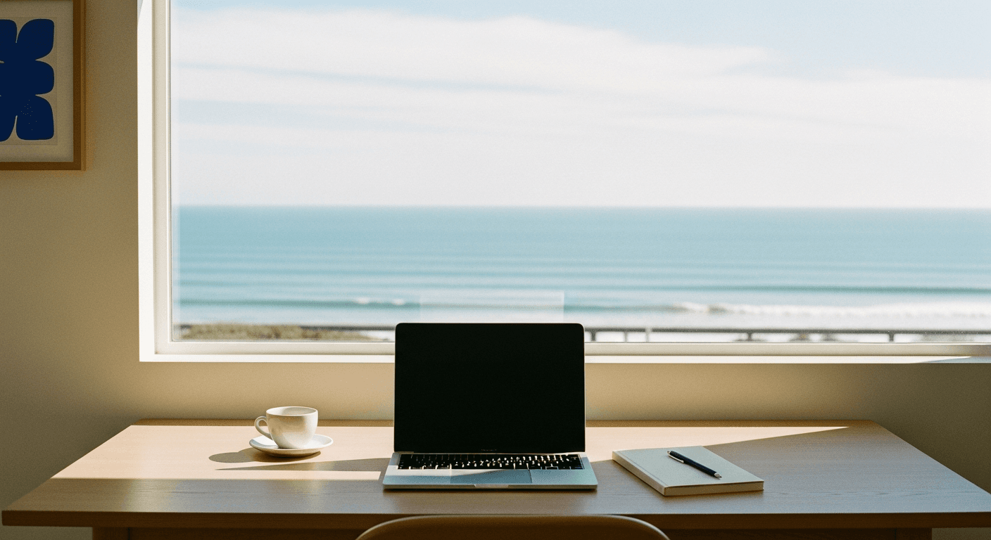Warm photo of laptop on raw sand-toned oak desk with cobalt wall, cool daylight, coffee cup, leather notebook, editorial lifestyle 35mm